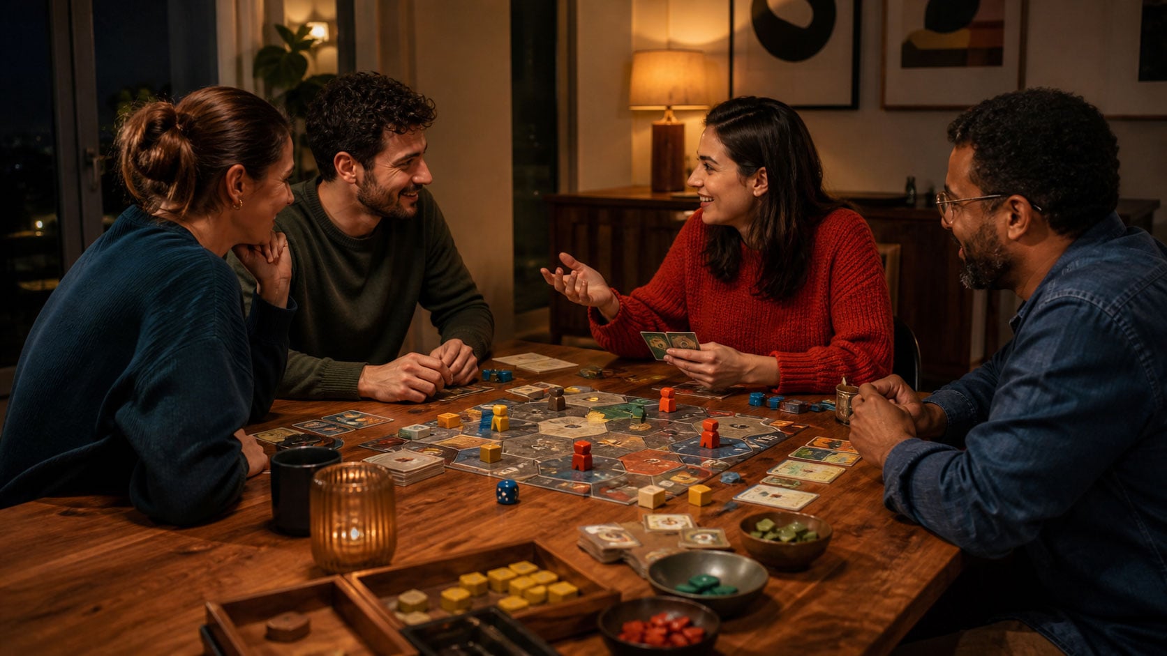 Migliori giochi da tavolo per adulti 11 titoli top CarteMagic Adulti riuniti intorno a un gioco da tavolo durante una serata